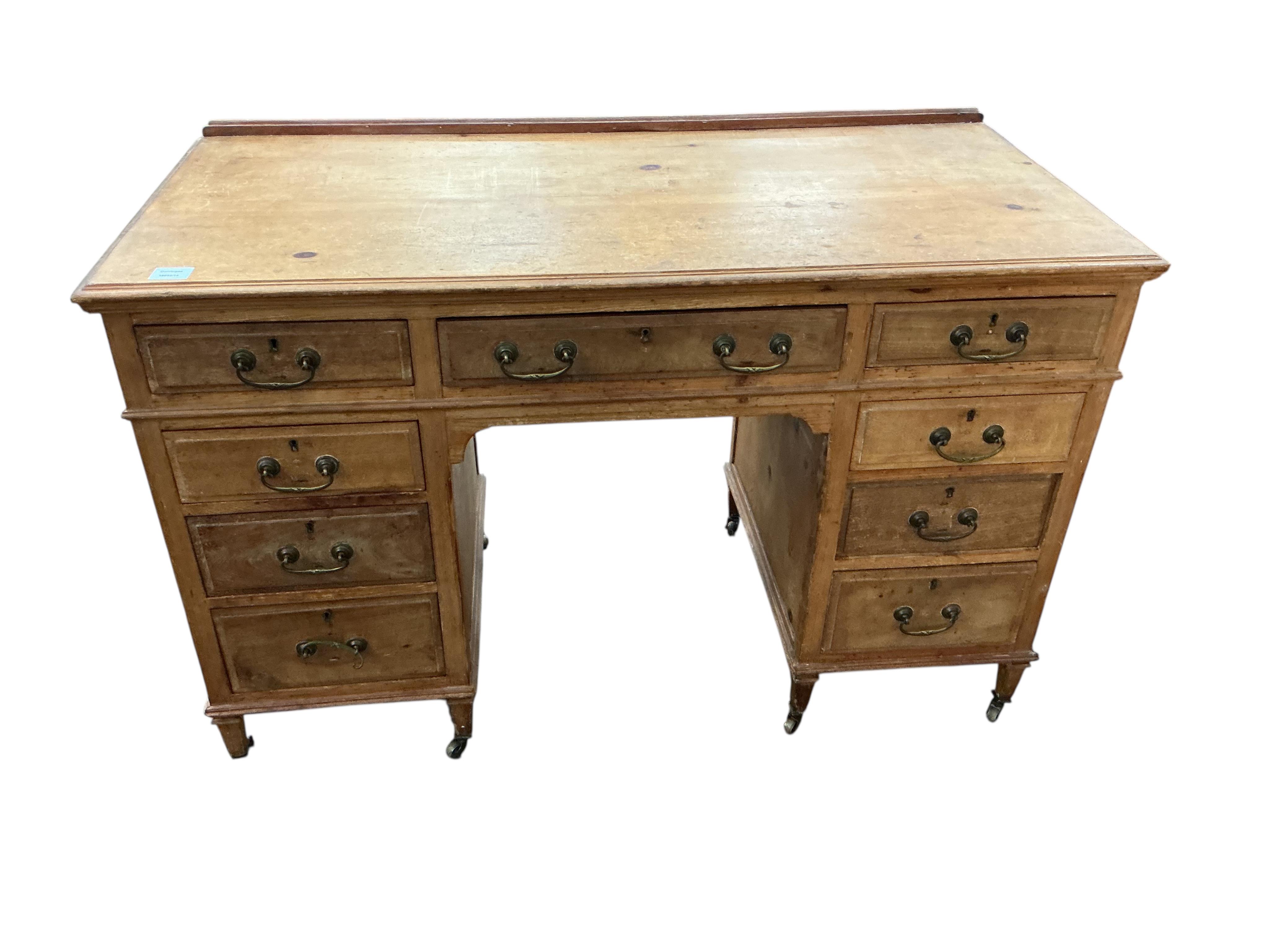 An early 20th century mahogany and pine pedestal desk, width 122cm, depth 56cm, height 78cm